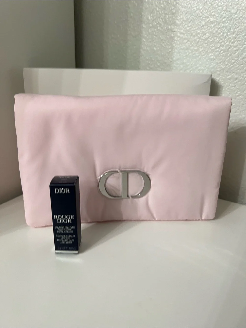 Dior Pink Cosmetic Pouch with Rouge Dior red mini Lipstick.